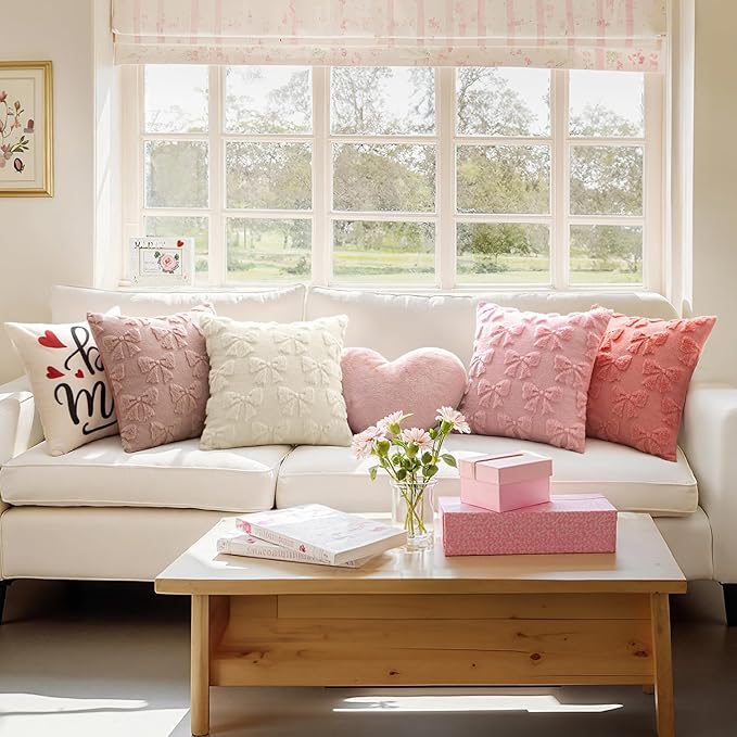 MIULEE Blush Pink Bow Pillow Covers Coquette Room Decor Aesthetic Set of 2 Decorative Cute Girl Throw Pillow Soft Plush Faux Pillowcase for Girl Bed Couch Sofa,18x18 Inch