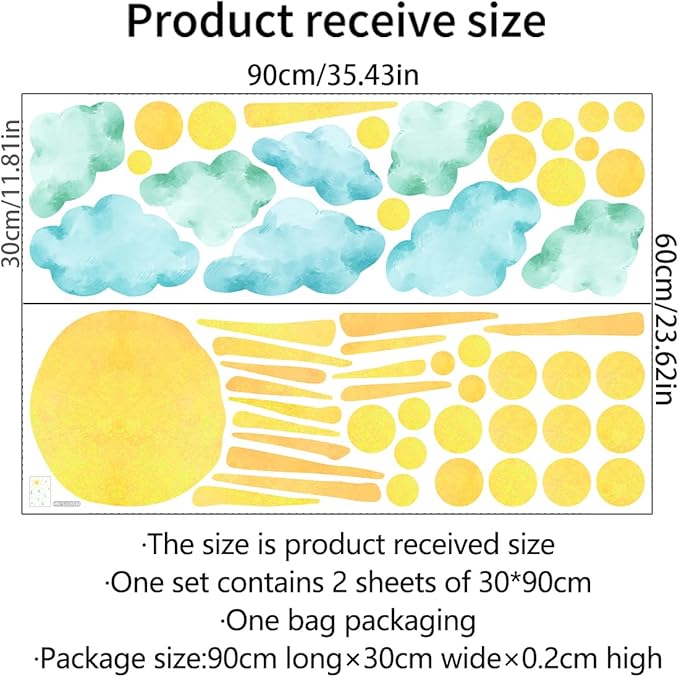 clothmile Sun and Clouds Wall Decals Polka Dots Decal Watercolor Boho Sun Wall Decals Peel and Stick, PVC Sunrise Wall Stickers Sunshine Wall Art Decor for Kids Room Playroom Nursery Bedroom