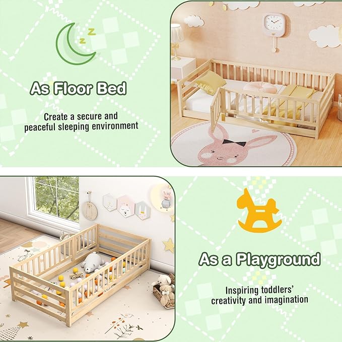 KOMFOTT Twin Size Wood Floor Bed with Door & 21.5” Fence, Montessori Bed Frame with Full Length Safety Guardrails, Door & Latch, Wooden Montessori Floor Bed for Kids, Girls, Boys
