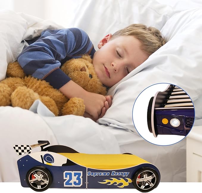 Race Car Twin Bed Frames for Kids, Wood Car-Shaped Bed Frame with Wheels LED Lights & Slat Support for Toddler, Teens, Boys or Girls (Race Car-Blue)