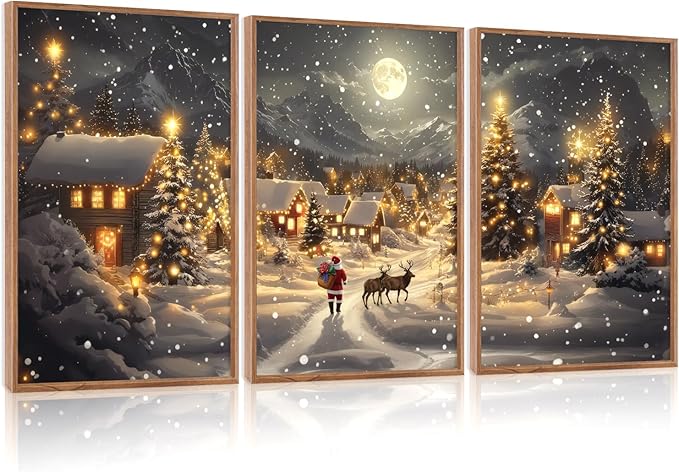 CHDITB Christmas Village Wall Art Set, Santa Claus and Reindeer Wall Decor, Moonlit Winter Artwork, Xmas Snowy Landscape Painting, Vintage Christmas Decor for Living Room Bedroom Fireplace 16"x24"x3
