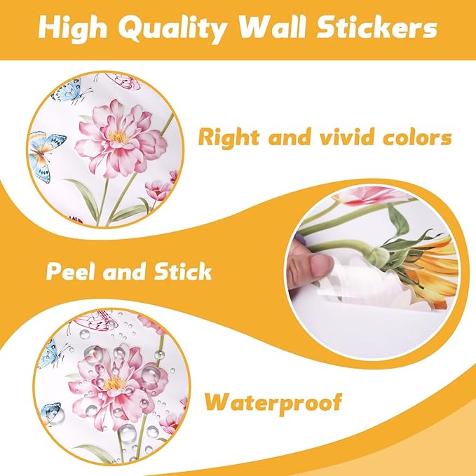 Butterfly & Flower Wall Decals Removable Peel and Stick Flower Wall Stickers for Girls Room, Bedroom, Living Room Nursery Decor