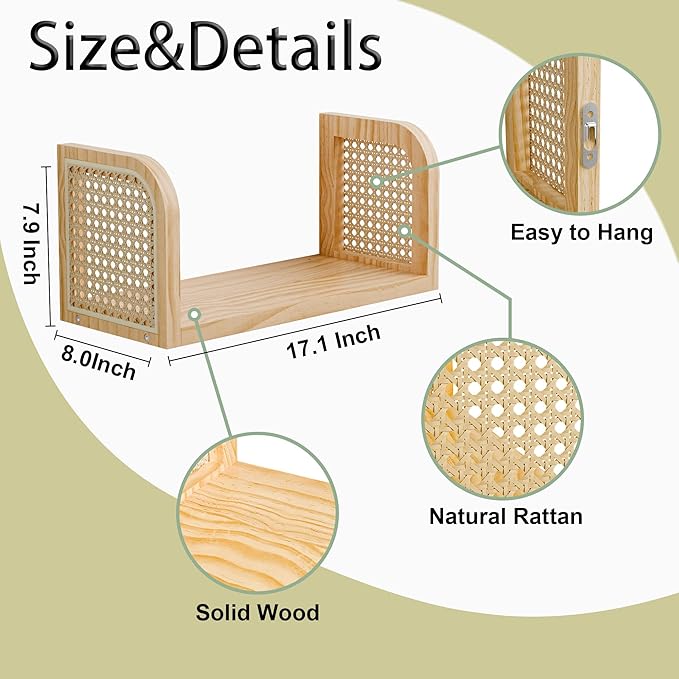 Rattan Wall Shelf, 8 Inch Deep Wooden Hanging Bookshelf, Natural Cute Nursery Shelves Wall Mounted, Boho Decorative Floating Shelves for Kids Room, Living Room, Play Room, Bedroom
