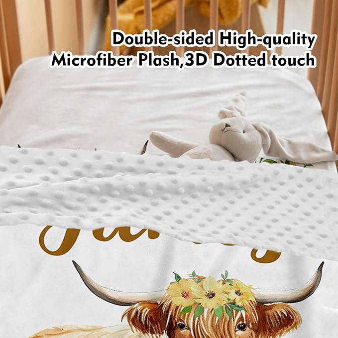 Custom Baby Crib Bedding Set,Personalized Name Yellow Flower Highland Cow Nursery Bed Set 4 Piece,Baby Blanket Fitted Sheet Nursery Rug Wall Art Set,Custom Room Decor Idea Gift for Newborns Boys Girls