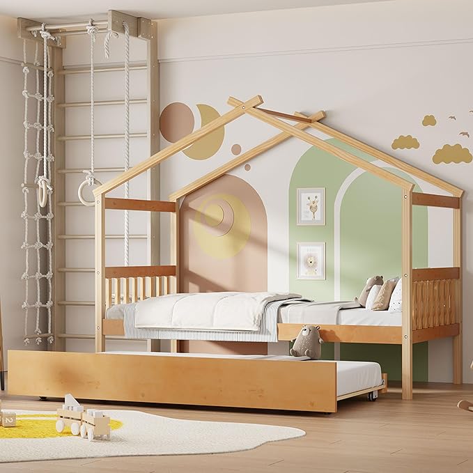 Harper & Bright Designs Twin House Bed for Kids, Wood Platform Bed with Trundle, Montessori Bed with Roof, Playhouse Trundle Beds for Kids,Teens, Bedroom, Natural