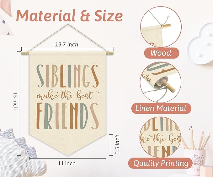 Kids Room Decor, Siblings Make the Best Friends Linen Canvas Banner, Kids Playroom Wall Hanging Pennant Flag Banner for Boys Girls Nursery Toddler Bedroom Play Room Decor, 15x11in