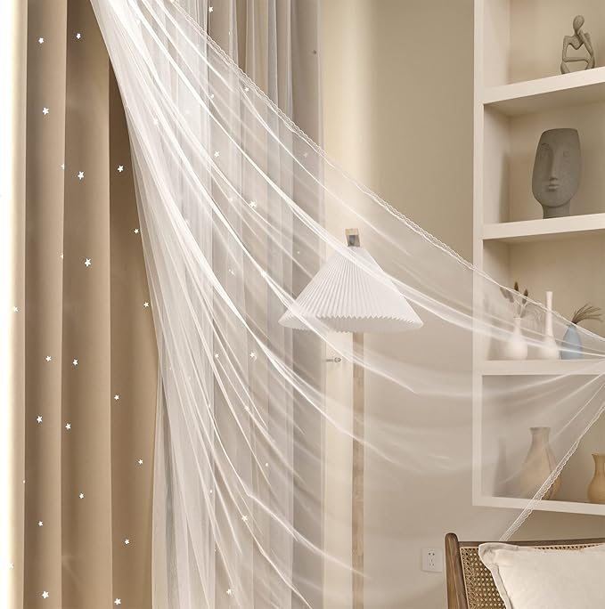 Kinryb Kids Blackout Curtains for Bedroom/Living Room/Classroom, Sheer Overlay 2 Panel Set, Double Layer Curtains with Star Cutout for Kids Room(Each Piece W 70 x L 84 Inches 2 Pcs Beige)