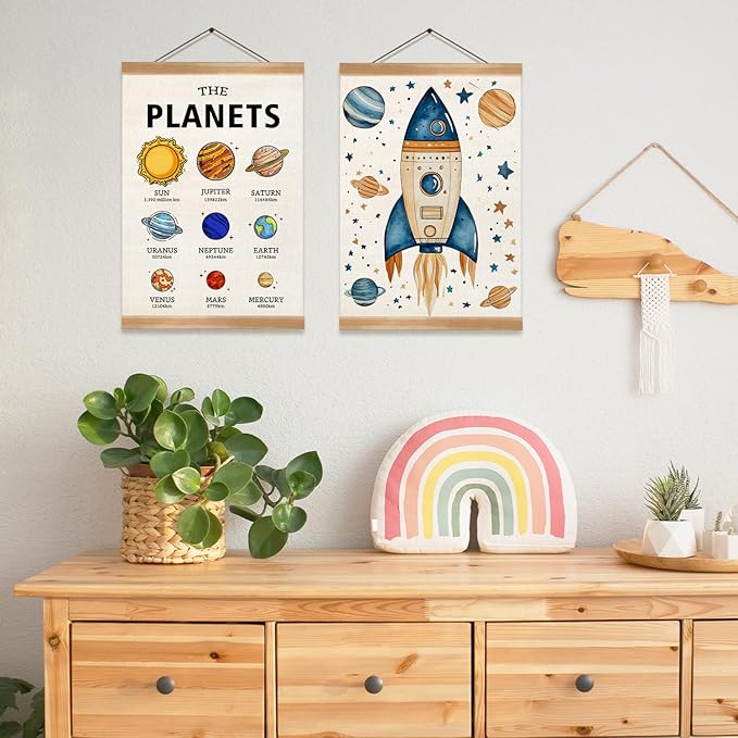 Solar System Poster Wall Art Set of 2, The Planets Wall Decor Wood Hanger, Space Classroom Decor, Outer Space Planets Poster for Boys and Girls Nursery, Bedroom, Playroom, Toddler and Kids Room(Solar system)
