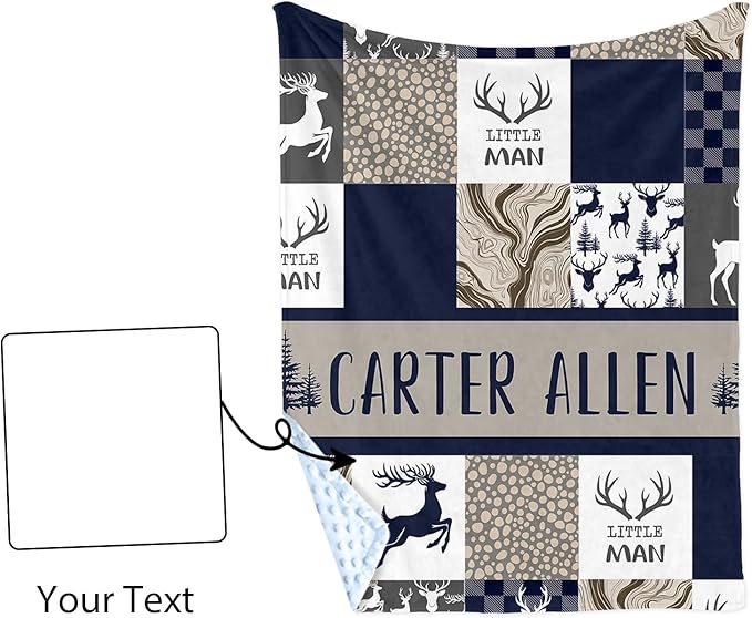 Personalized Baby Blankets for Boys Girls, Custom Name Navy Deer Baby Blanket, Soft Receiving Blanket for Newborns and Toddlers, Ideal for Baby Showers and Nursery Decor