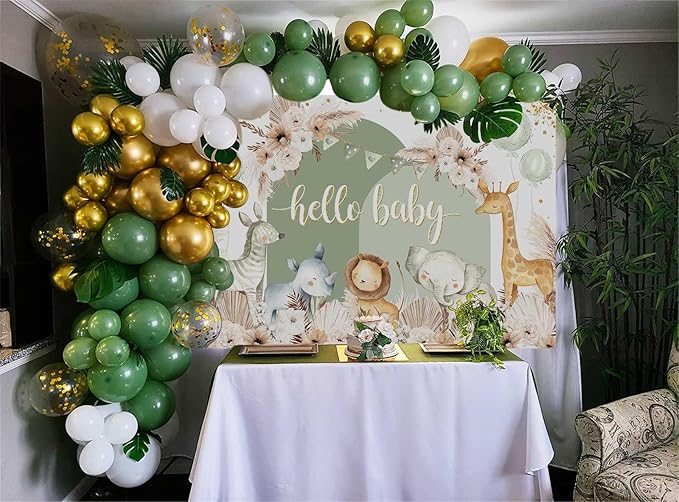 Hello Baby Backdrops Boho Floral Pampas Grass Baby Shower Photography Background Balloon Animals Party Decorations Banner Photo Booth Props(Green, 7x5ft)