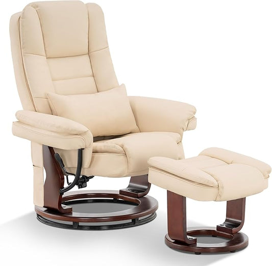 MCombo Swivel Recliner with Ottoman Chair, TV Chair Sets with Vibration Massage, for Small Space Living Room Bedroom 9096 9099 (Faux Leather, Cream White)