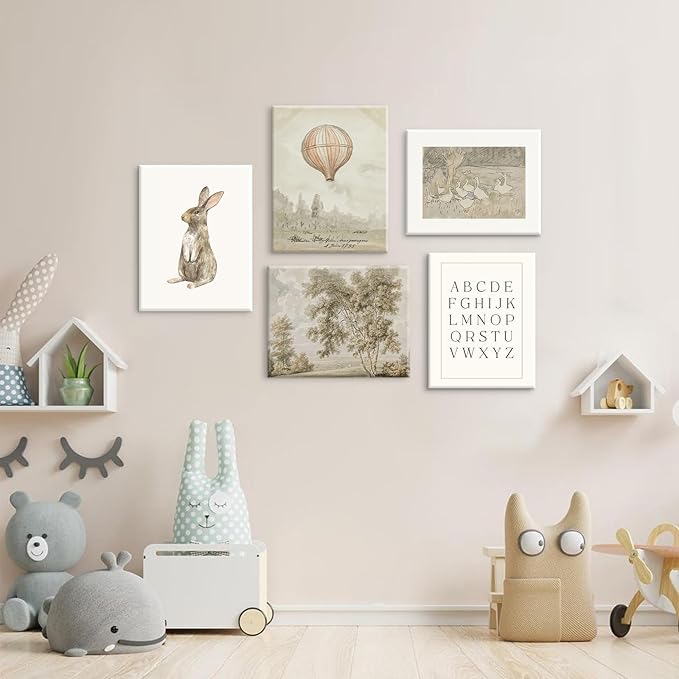 Vintage Nursery Wall Art Children Room Canvas Wall Decor Country Posters Botanical Prints Vintage Landscape Pictures Kids Child Wall Art Neutral Artwork for Playroom Bedroom 8x10x5 Inch Framed