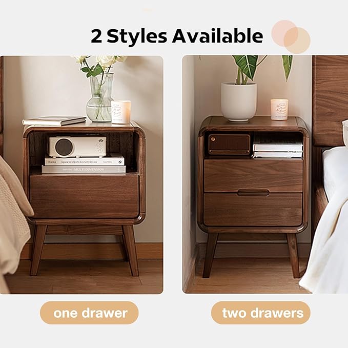 Solid Wood Nightstand, Walnut Night Stand with 2 Drawers and Open Storage, Mid Century Modern Nightstands for Small Space, Bedside Table for Bedroom, Dorm(23.23" H)