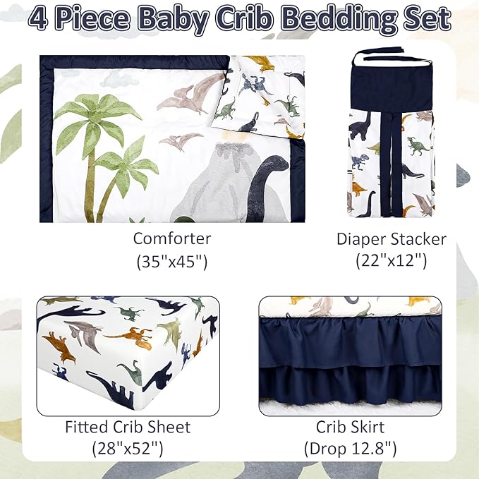 4-Piece Crib Bedding Set， Baby Nursery Bedding Sets for Boys Includes Comforter, Fitted Crib Sheet, Crib Skirt, and Diaper Stacker, Soft Standard Size Crib Comforter Set Blue ，Dinosaur