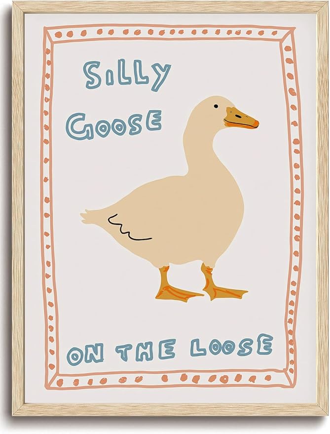 KISSFOX Framed Wall Art Nursery Wall Decor Silly Goose Pictures Kids Cute Animal Canvas Art Yellow Boho Paintings Artwork For Children Boys Girls Room