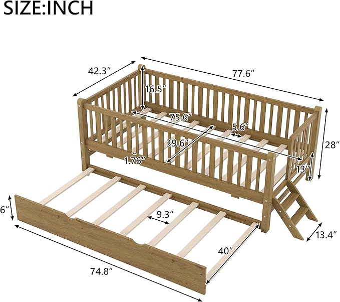 Wood Twin Size Platform Bed with Guardrail and Trundle, Kids Bed with Ladder for Bedroom, Kids Montessori Style Bed Frame for Girls Boys (Walnut-Trundle)