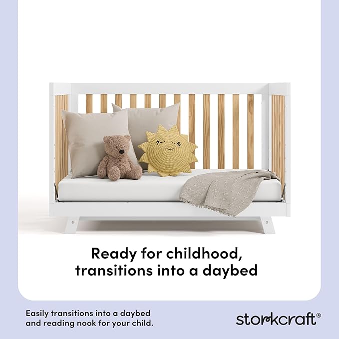 Storkcraft Beckett 3-in-1 Convertible Crib (Natural & White) – GREENGUARD Gold Certified, Fits Standard Crib Mattress, Converts to Toddler Bed and Daybed, 4 Mattress Heights, Grow-with-Me Design
