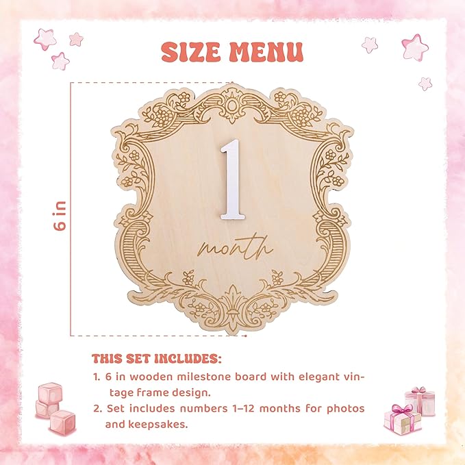 Vintage Wooden Baby Monthly Milestone Set, Elegant Engraved Frame with 3D Numbers and Month Months Signs, Newborn Photo Prop for Baby Monthly Pictures