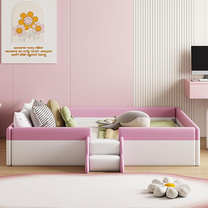 Merax Upholstered Kids' Daybed, Daybed Frame with Fence and Stairs, No Box Spring Needed, Queen Size, Pink+White