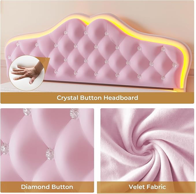 ADORNEVE Queen Size Upholstered LED Bed Frame, Girls Bed with Adjustable Crystal Button Headboard, Velvet Princess Platform Bed for Girls, Solid Wooden Slats, Easy Assembly, Pink