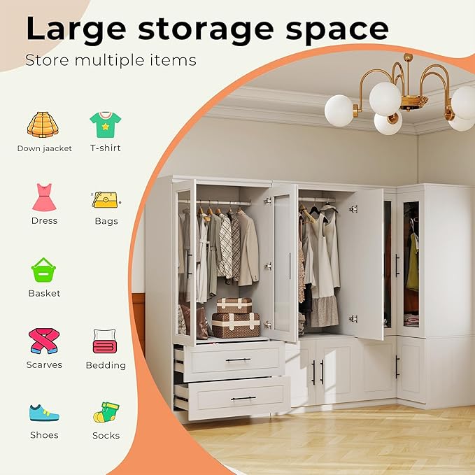 White Armoire Wardrobe Closet with 4 Drawer: Glass Door Wood Wardrobe Closet Wooden Combination Corner Cabinet Bedroom Armoire with Hanging Rods for Home/Bedroom/Living Room