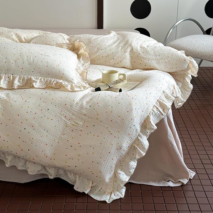 AOJIM Muslin Cotton Kids Duvet Cover 1 Piece for Girls and Boys - Super Soft Aesthetic Comforter Cover Twin Size - Breathable Ruffled Edge Bedding Duvet Cover 2-Layer Gauze, Coloful Polka Dot Pattern