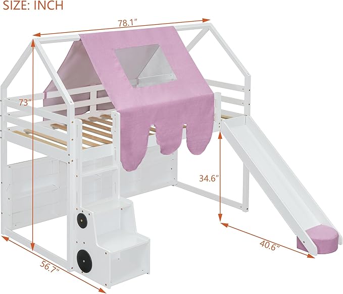 Playhouse Design Twin Size Wood Loft Bed with Slide and Tent, Low Loft House Bed Frame with Storage Shelves and Removable Car-Shaped Staircase for Kids Teens Boys Girls Bedroom (White-Pink)