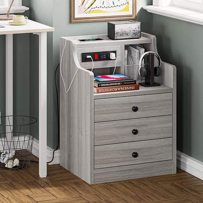 ADORNEVE Nightstand with Charging Station, Night Stand with Hutch & Storage Drawers, End Table Side Table Bedroom,Grey