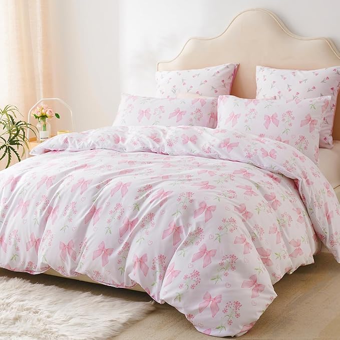 Duvet Cover King 3Pcs Pink Floral Bow Bedding Set for Girls Kids, Romantic Princess Style Bowknot Bedding, Ultra Soft Reversible Garden Flower Duvet Cover Set(2 Pillowcases,No Comforter)