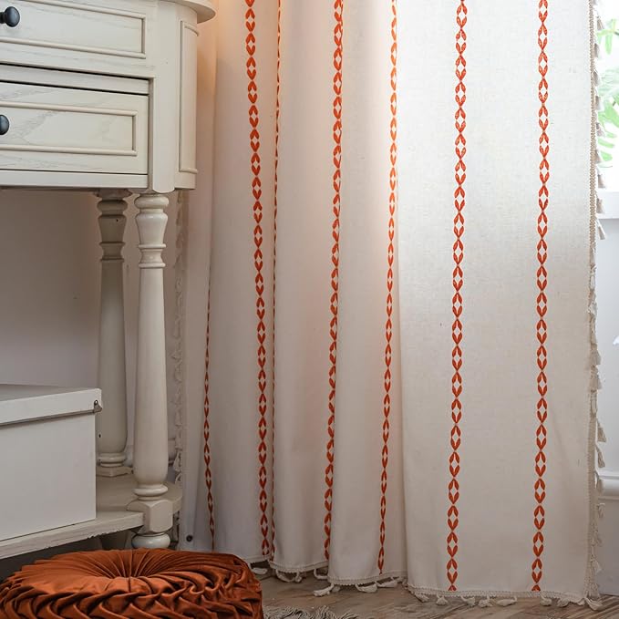 Deeprove Rust Orange Boho Curtains 72 inches Length for Living Room Bedroom Nursery, Vintage Chic Bohemian 72 inches Long Embroidery Farmhouse Tassel Privacy Window Treatments W52 x L72, 1 Panel