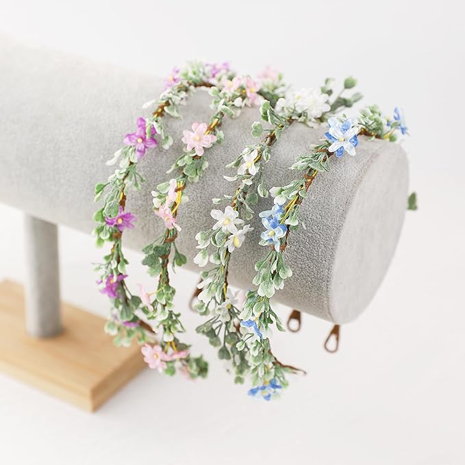 Handmade Pink Flower Crown Girls Hair Wreath Bridal Flower Headband Green leaf Headpiece Floral Hair Accessories for Weeding Birthday Party Cosplay