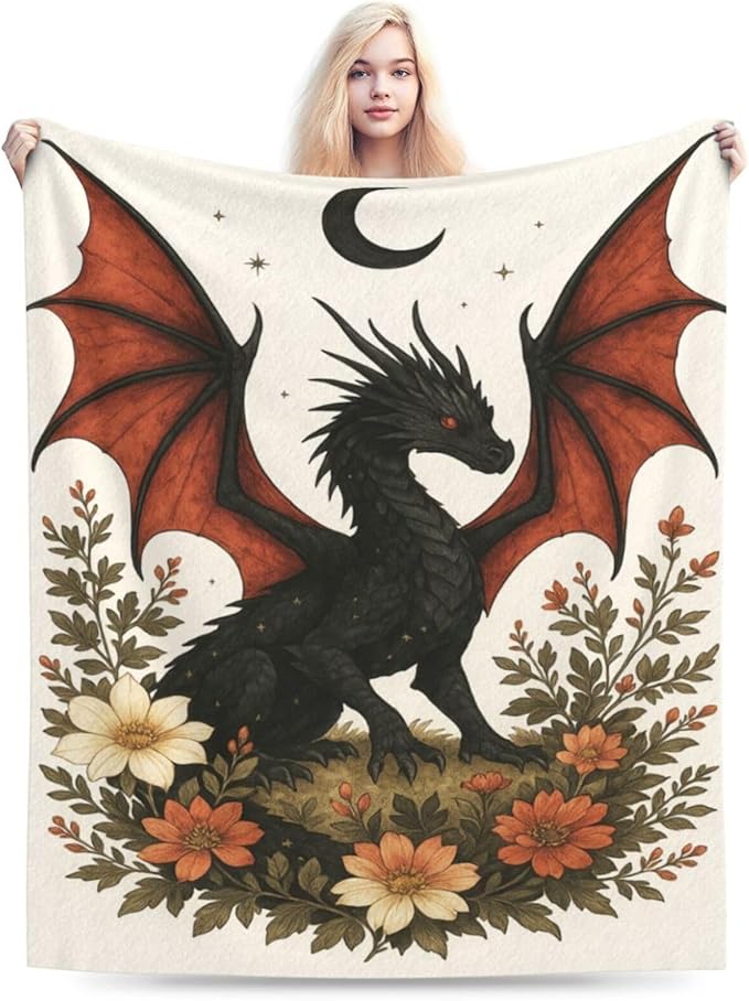 Black Dragon Blanket Floral Dragon Throw Blanket Soft Cozy Fleece Fuzzy Stuffed Plush Flannel Gifts for Girls Women Boys Kids Adults 50"X60"