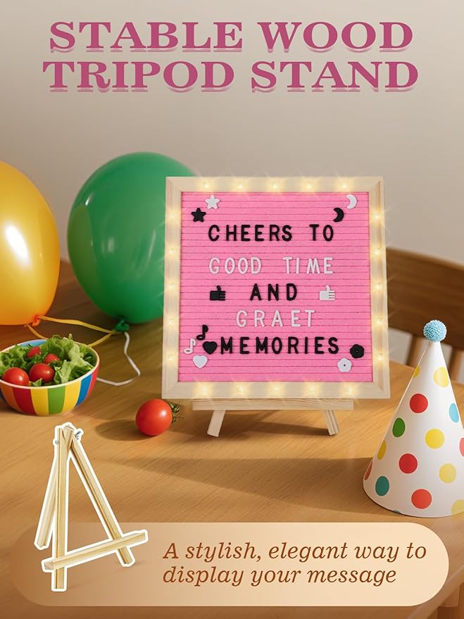 Changeable Felt Letter Board with LED Lights - 10×10" Message Custom Signs & Wood Stand & 450 Letters, Poster Board for Christmas/Pregnancy/Baby Announcement/Baby Shower/Wall Decor Gifts, Pink