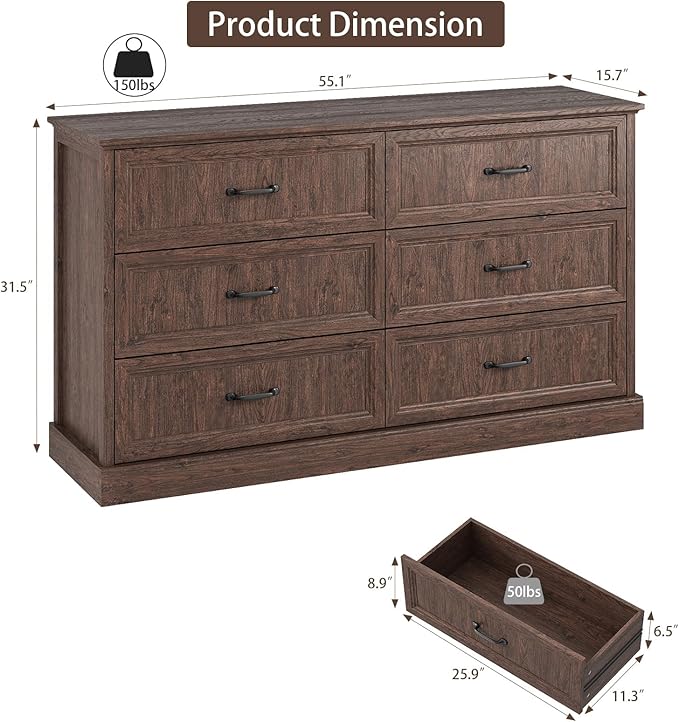 Farmhouse 6 Drawer Dresser for Bedroom, 55 Inch Wide Modern Brown Dresser TV Stand with Large Drawers & Bar Handles, Rustic Wood Chest of Drawers for Bedroom, Living Room, Hallway