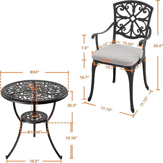 NUU GARDEN Bistro Set 3 Piece Outdoor All Weather Cast Aluminum Patio Bistro Set Patio Table and Chairs Set of 2 with Umbrella Hole and Grey Cushions for Backyard, Balcony, Lawn, Black