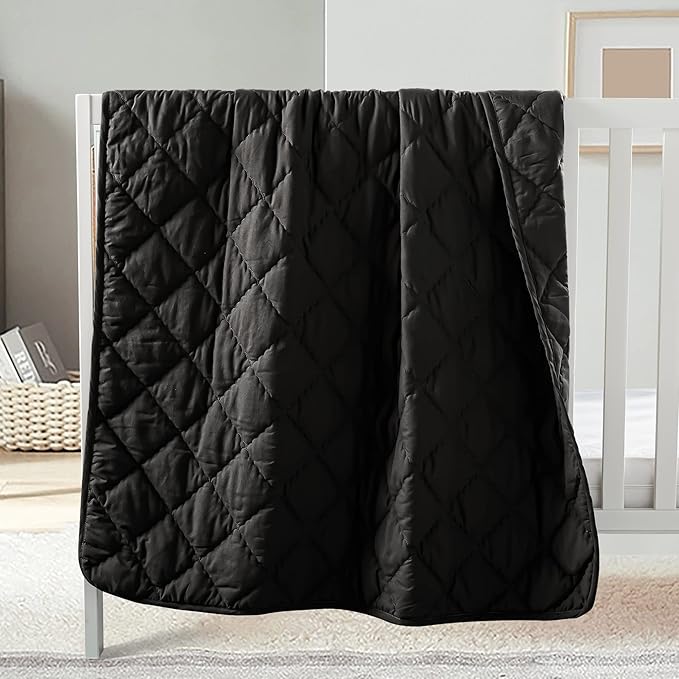 FLXXIE Machine Washable Microfiber Down Alternative Oversized Toddler Comforter, Super Soft and Lightweight Kids Crib Quilted Blanket for Stroller, Travel, 43x60 Inches, Black