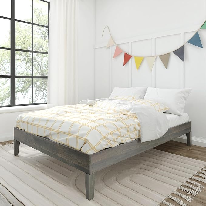 Max & Lily Fundamental Full Platform Bed Frame, Kids Modern Solid Wood Bed, Strong Wooden Slats, Non-Toxic Finishes, Driftwood