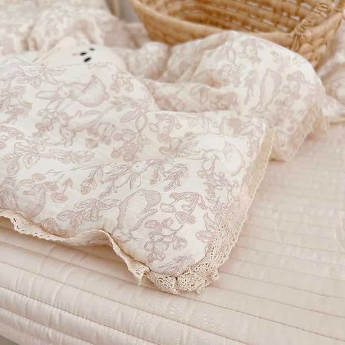 BuLuTu Cotton Muslin Blanket for Toddler Girls Boys Rabbit Pattern Baby Quilted Blanket Lightweight Soft Toddler Comforter Quilt for All Seasons, Forest Pattern, 47"x59", No Pillow