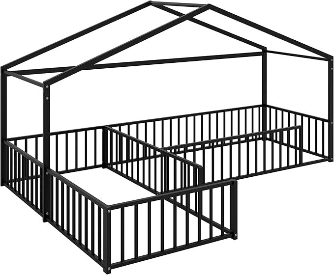 SOFTSEA Twin Size L-Shaped House Floor Bed, Metal Montessori Bed Frame with Fence Guardrails, Double Twin Corner House Bed for 2 Kids, No Slats, Easy Assembly, Black