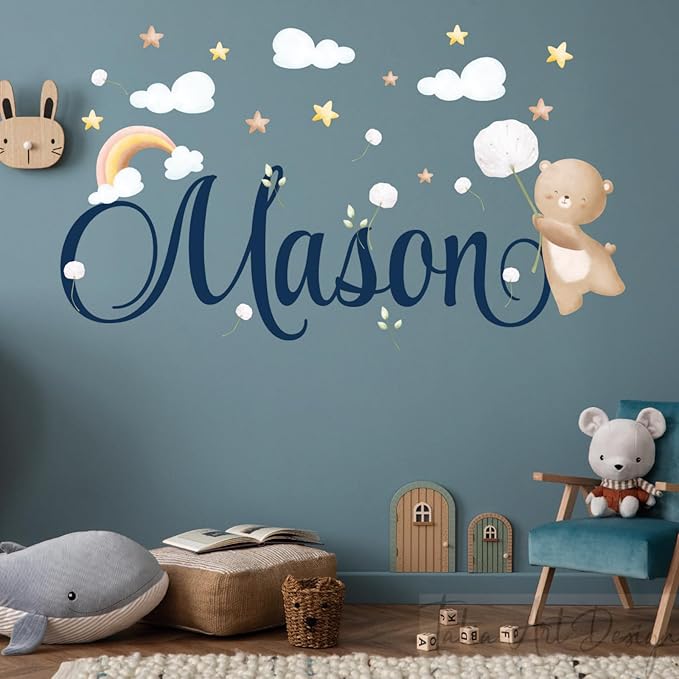 Personalised Teddy Bear Name Wall Stickers – Cute Cartoon Nursery Decals for Kids, Custom Baby Room Decor Removable Vinyl Art for Boys & Girls