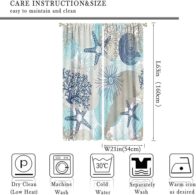 Coastal Curtains Ocean Beach Themed Room Darkening Window Curtain Nautical Coral Blackout Curtain for Bedroom Living Room Bathroom Nursery Set 2 Panels,42x63 Inches