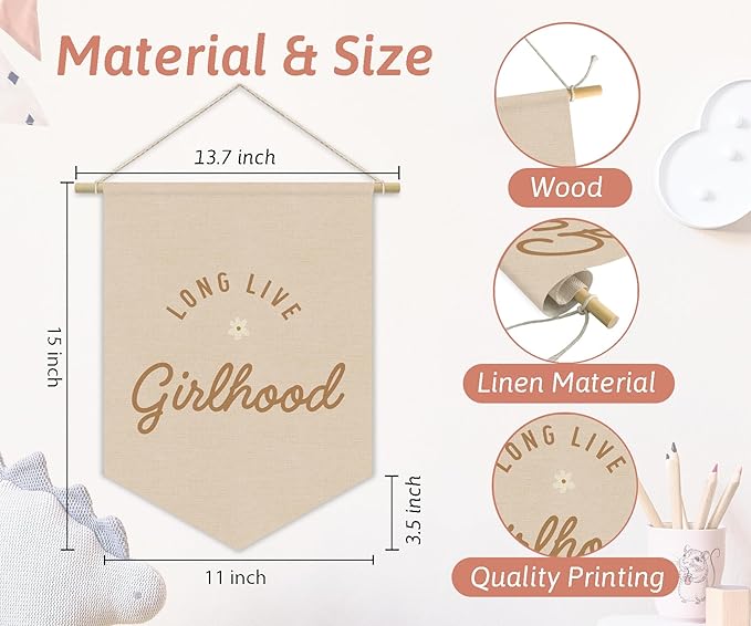 Girl Nursery Decor, Long Live Girlhood Linen Canvas Banner, Pink Preppy Girly Wall Hanging Pennant Flag Banner for Girls Nursery Kids Toddler Room Bedroom Dorm Decor, 15x11in