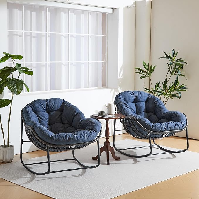Oversized Outdoor Papasan Rocking Chair with Soft Cushion, Comfy Patio Egg Chair, Wicker Lounge Rocker for Balcony/Porch/Garden, Reinforced All Weather Rattan Frame, 330 lbs Support, Navy Blue