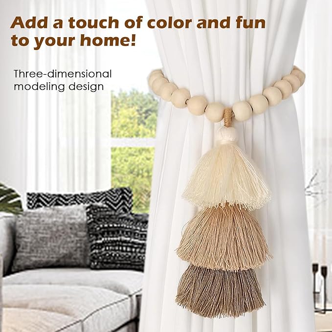 SRG Handmade Magnetic Wooden Bead Curtain Tiebacks 2 PCS | Simple Elegant Magnetic Tassel Curtain Tie Backs | Accessories Wall Decoration | Drapery Tiebacks for Bedroom Window Treatment