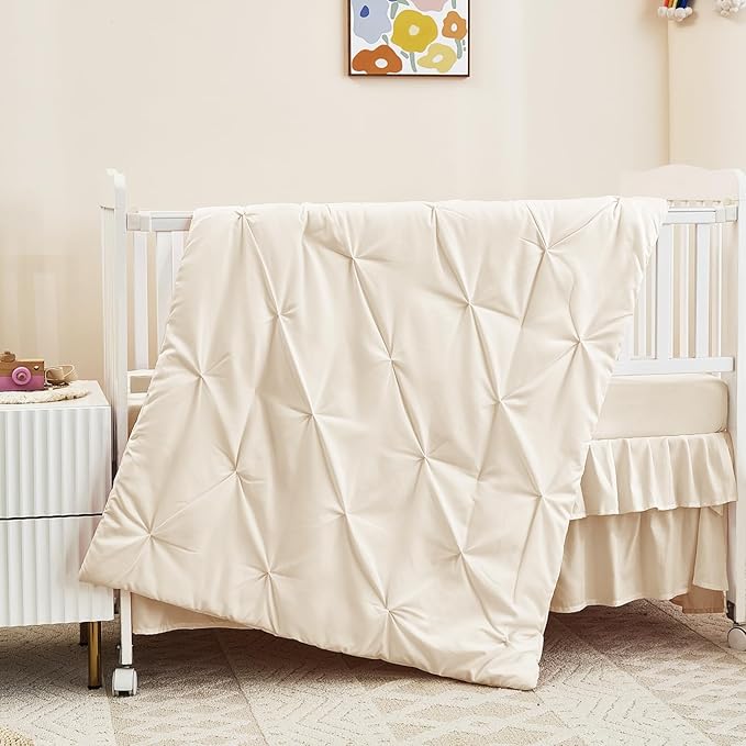 3-Piece Crib Bedding Set for Girls Boys - Ultra Soft & Skin Friendly Baby Bedding Crib Set Includes Crib Comforter, Sheet & Skirt (Light Beige)