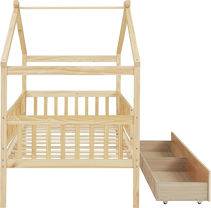 Aoowow Twin Size House Bed with Storage Drawers,Kids Wooden Bed Frame Twin House Bed with Slats and Fence for Boys Girls Teens for Bedroom(Natural)