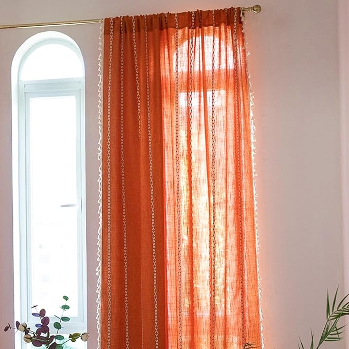 Deeprove Orange Boho Curtains 63 inches Length for Kitchen, Vintage Bohemian Embroidery Farmhouse Cotton Linen Autumn Country Tassel Window Treatments Fall Thanksgiving Decor, W52 x L63, 1 Panel