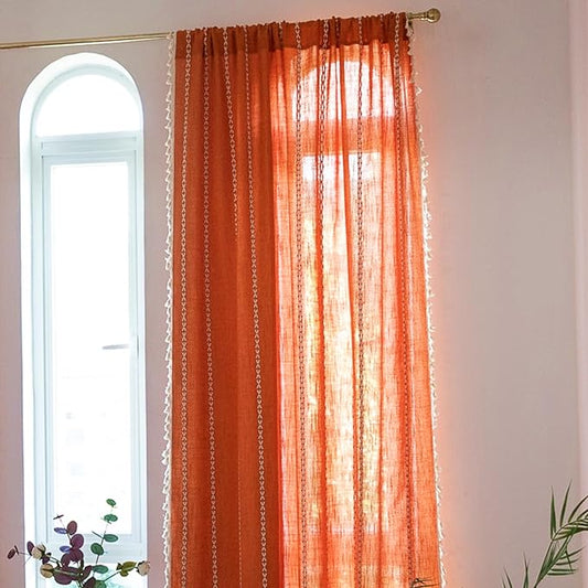 Deeprove Orange Curtains 90 inches Long, Cotton Linen Stripe Textured Light Filter Privacy Burnt Bohemian Window Treatment for Dining Bedroom Living Room Fall Halloween Decor, Rod Pocket 1 Panel