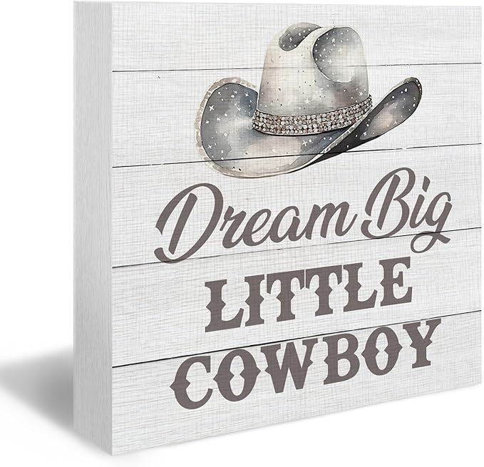 Western Nursery Wood Box Sign - Western Desk Shelf Decor, Cowboy Nursery Decor, Grey Dream Big Little Cowboy Wooden Block Plaque Box Sign for Baby Boy Dorm Room Table Decorations