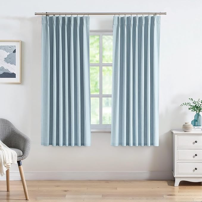 Pinch Pleated Blackout Curtain Panels with Full Blackout Liner Linen Texture Window Treatment Sets with Back Tab for Living Room Bedroom Thermal Insulated Drape with 9 Hooks, 40"x72"x2, Dusty Blue